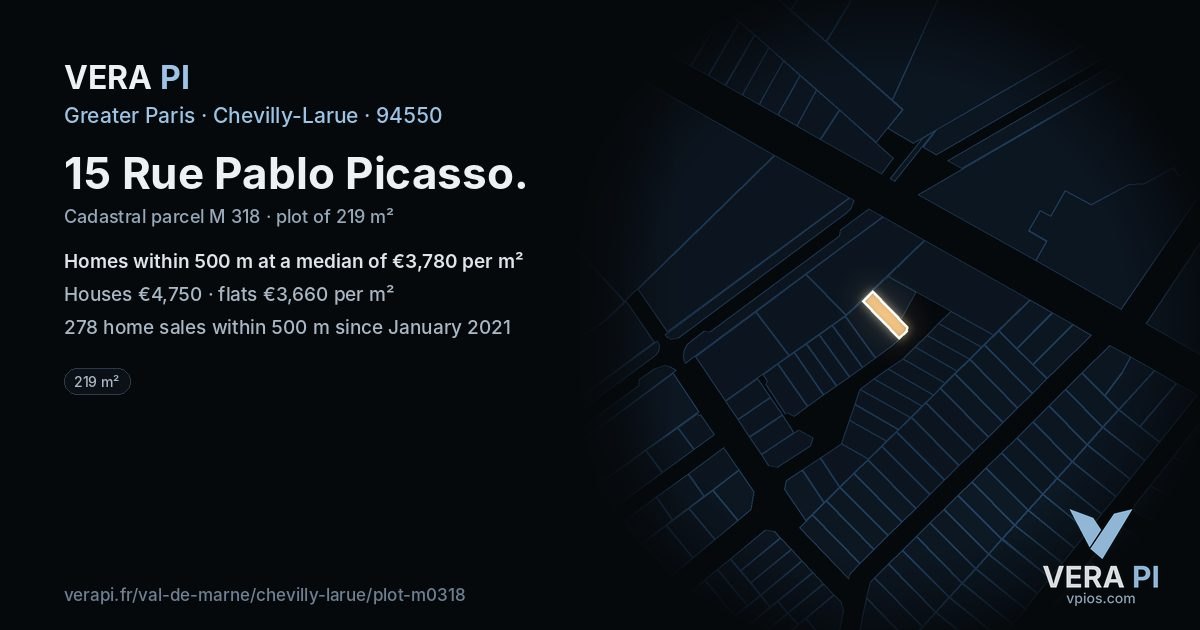 15 Rue Pablo Picasso, Chevilly-Larue at night – the plot lit, the parcels around coloured by the prices near them