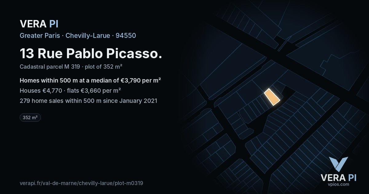 13 Rue Pablo Picasso, Chevilly-Larue at night – the plot lit, the parcels around coloured by the prices near them