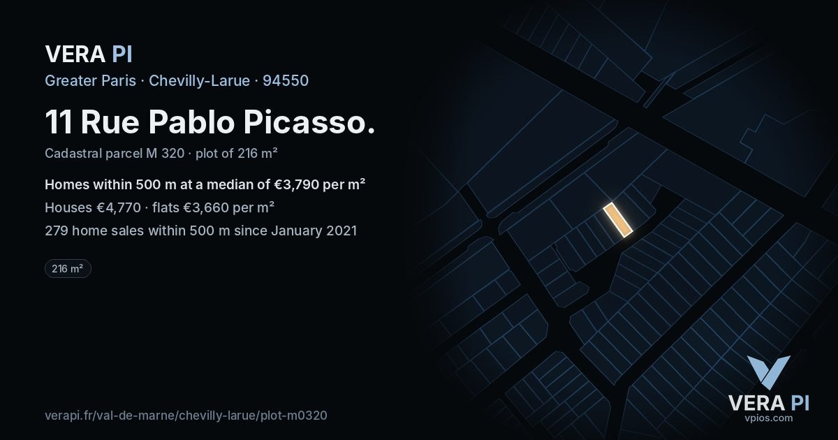 11 Rue Pablo Picasso, Chevilly-Larue at night – the plot lit, the parcels around coloured by the prices near them