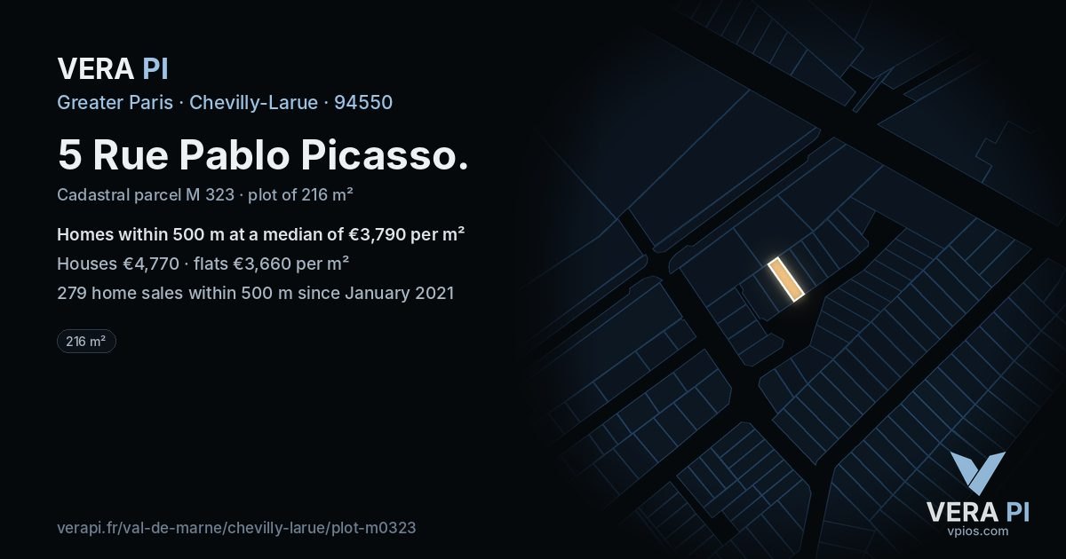 5 Rue Pablo Picasso, Chevilly-Larue at night – the plot lit, the parcels around coloured by the prices near them