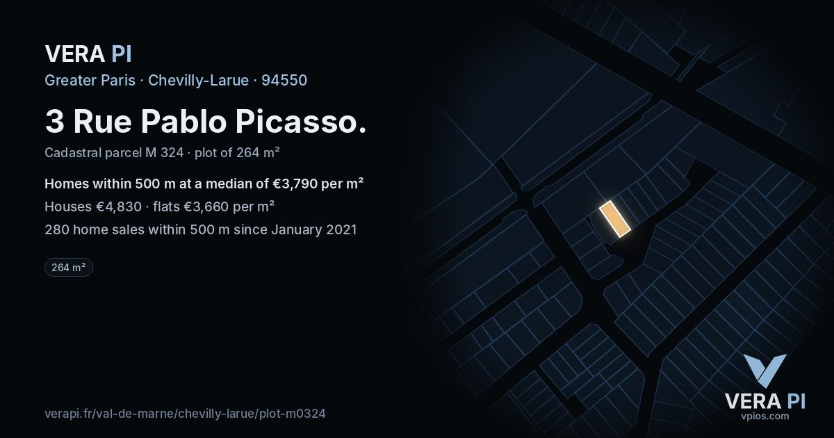 3 Rue Pablo Picasso, Chevilly-Larue at night – the plot lit, the parcels around coloured by the prices near them