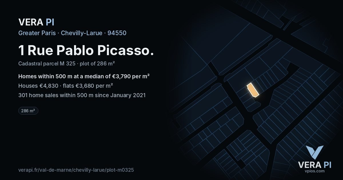 1 Rue Pablo Picasso, Chevilly-Larue at night – the plot lit, the parcels around coloured by the prices near them