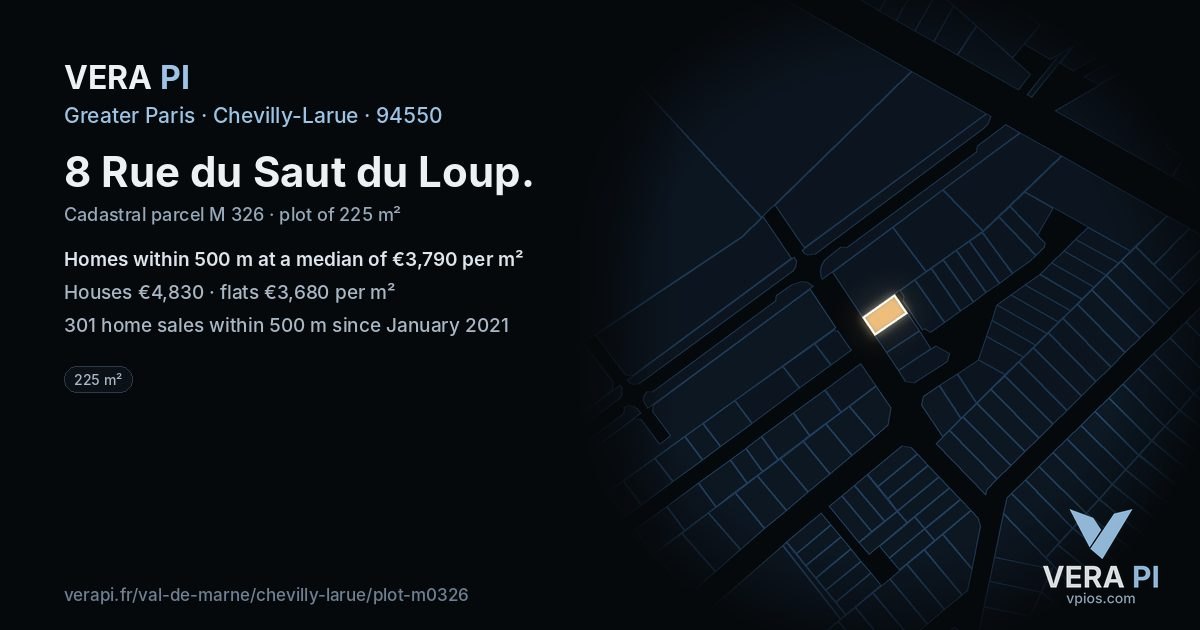 8 Rue du Saut du Loup, Chevilly-Larue at night – the plot lit, the parcels around coloured by the prices near them