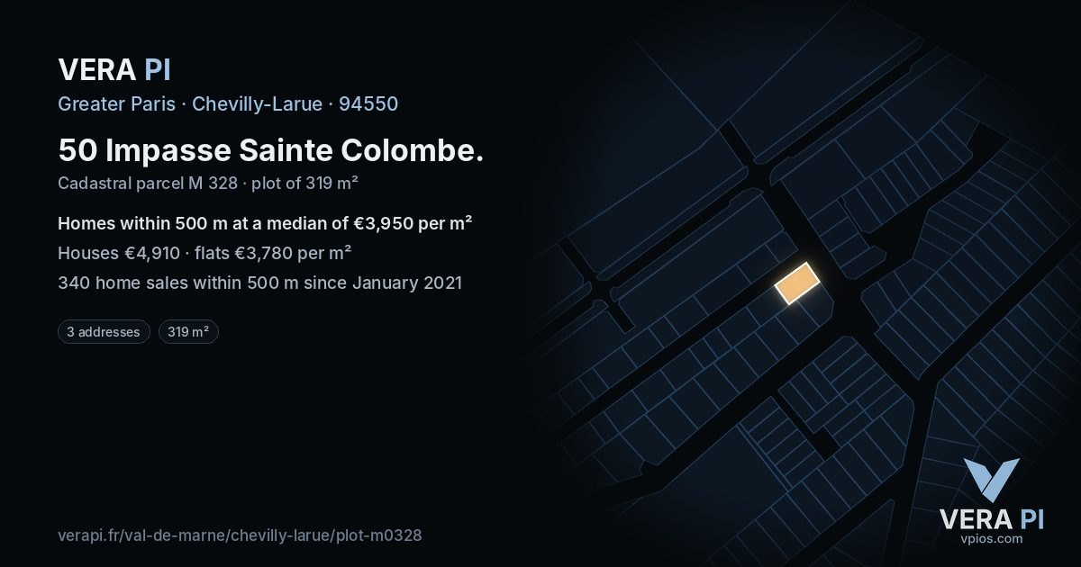 50 Impasse Sainte Colombe, Chevilly-Larue at night – the plot lit, the parcels around coloured by the prices near them
