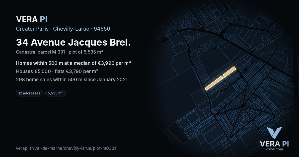 34 Avenue Jacques Brel, Chevilly-Larue at night – the plot lit, the parcels around coloured by the prices near them