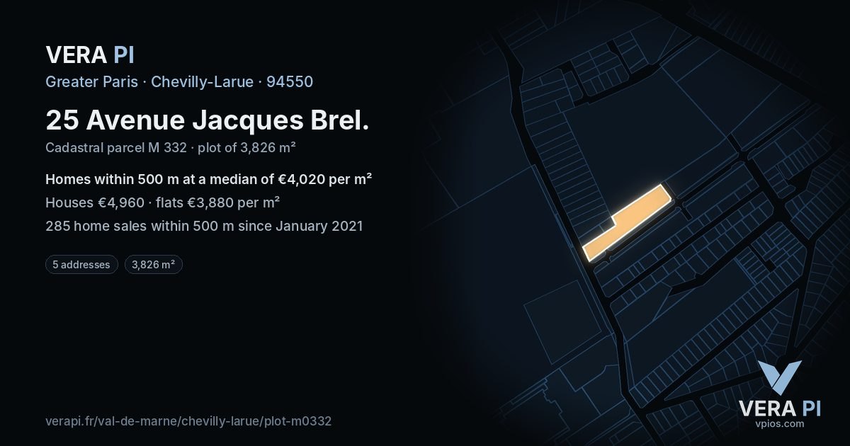 25 Avenue Jacques Brel, Chevilly-Larue at night – the plot lit, the parcels around coloured by the prices near them