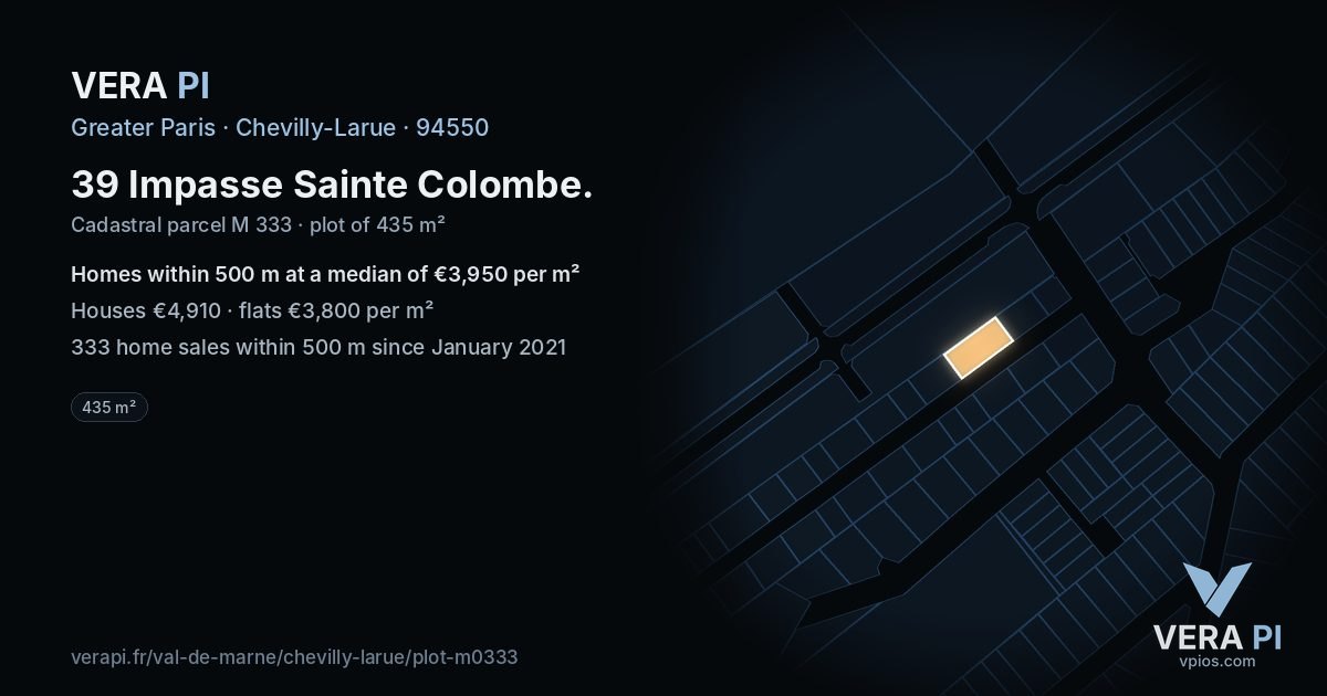 39 Impasse Sainte Colombe, Chevilly-Larue at night – the plot lit, the parcels around coloured by the prices near them