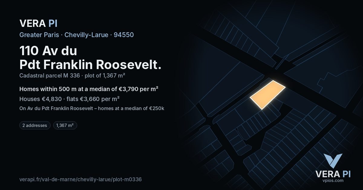 110 Av du Pdt Franklin Roosevelt, Chevilly-Larue at night – the plot lit, the parcels around coloured by the prices near them
