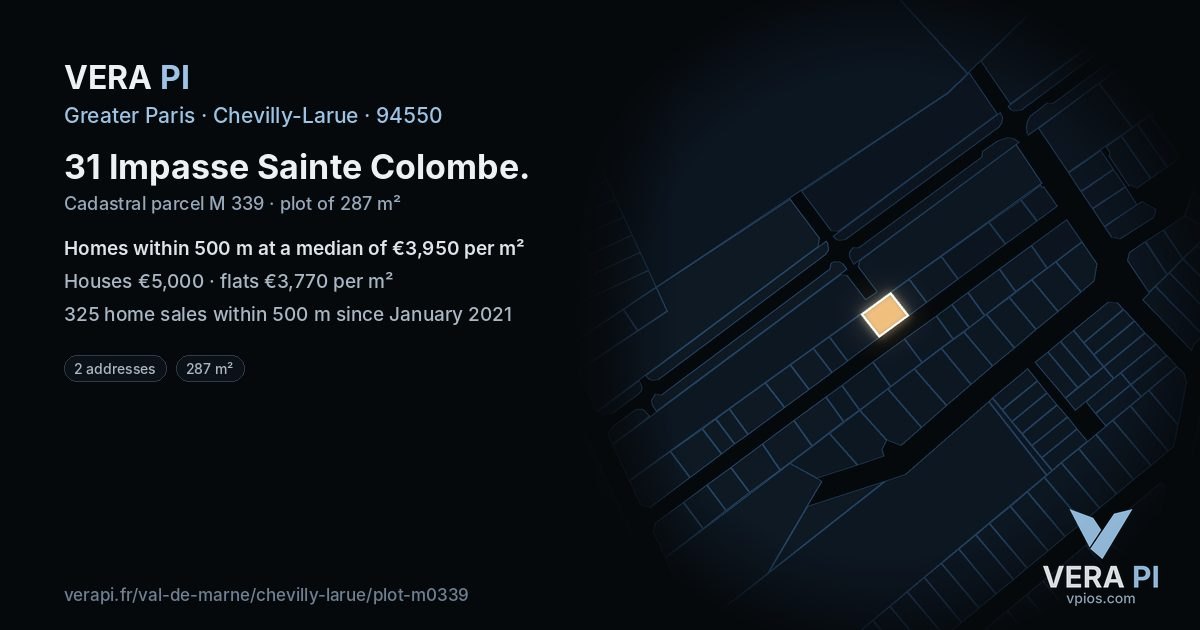 31 Impasse Sainte Colombe, Chevilly-Larue at night – the plot lit, the parcels around coloured by the prices near them
