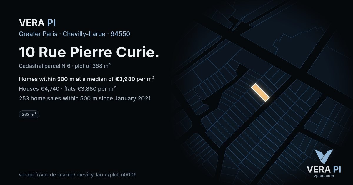 10 Rue Pierre Curie, Chevilly-Larue at night – the plot lit, the parcels around coloured by the prices near them