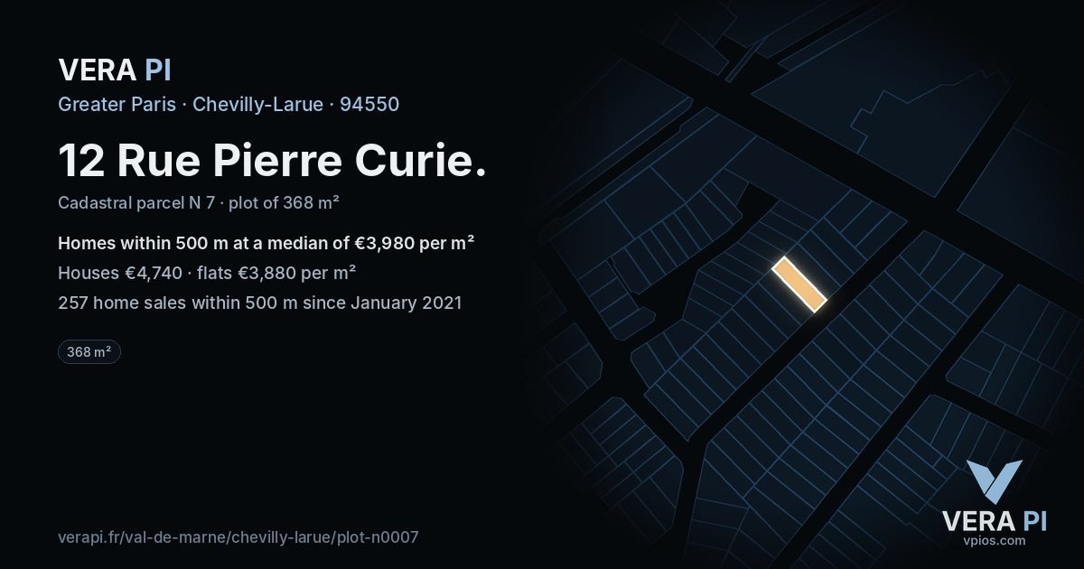 12 Rue Pierre Curie, Chevilly-Larue at night – the plot lit, the parcels around coloured by the prices near them