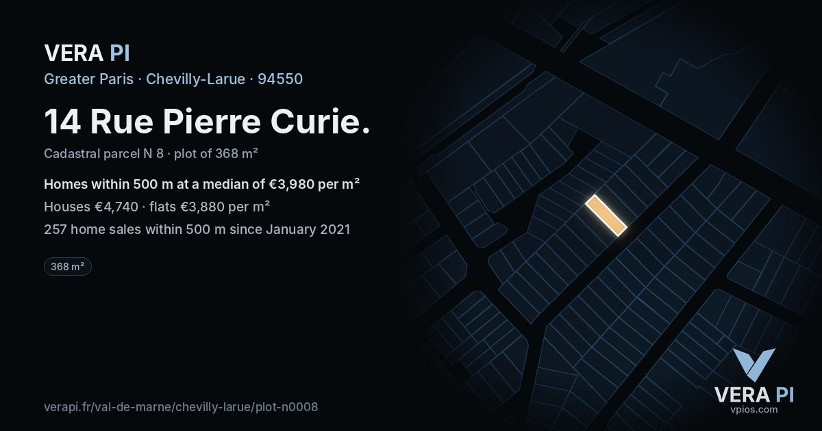 14 Rue Pierre Curie, Chevilly-Larue at night – the plot lit, the parcels around coloured by the prices near them
