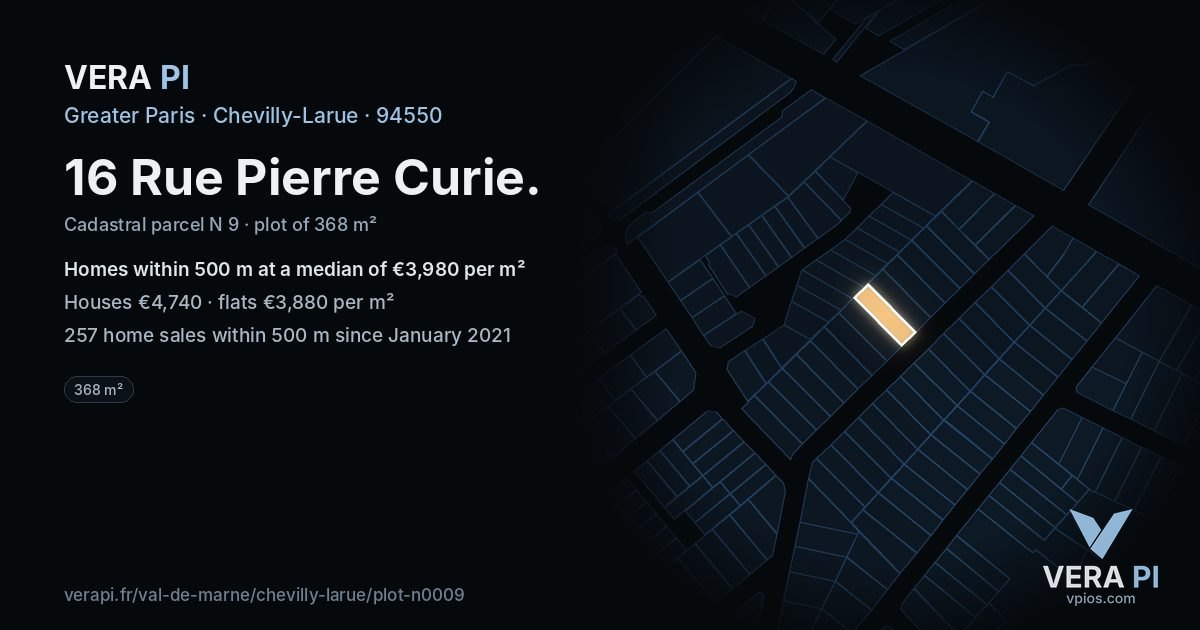 16 Rue Pierre Curie, Chevilly-Larue at night – the plot lit, the parcels around coloured by the prices near them