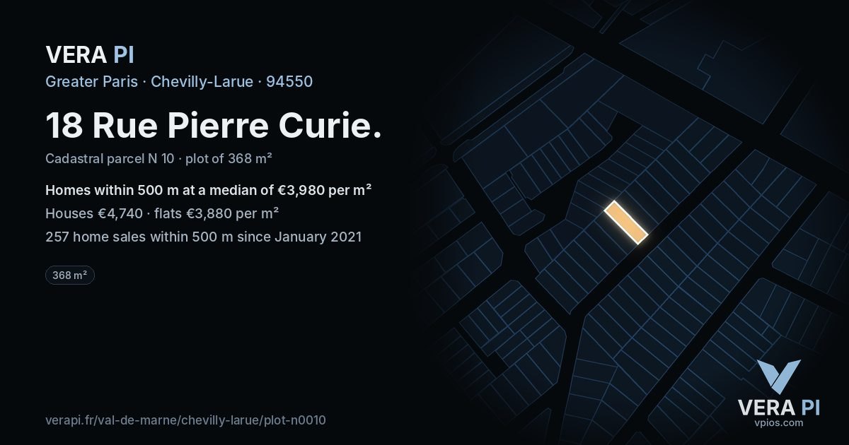 18 Rue Pierre Curie, Chevilly-Larue at night – the plot lit, the parcels around coloured by the prices near them