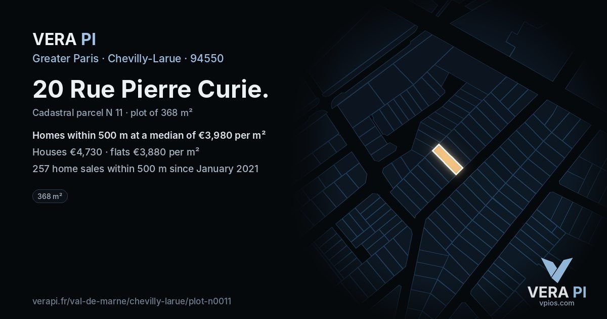 20 Rue Pierre Curie, Chevilly-Larue at night – the plot lit, the parcels around coloured by the prices near them
