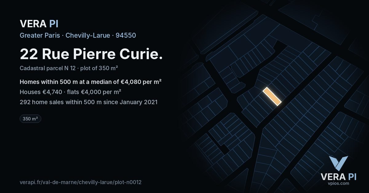 22 Rue Pierre Curie, Chevilly-Larue at night – the plot lit, the parcels around coloured by the prices near them