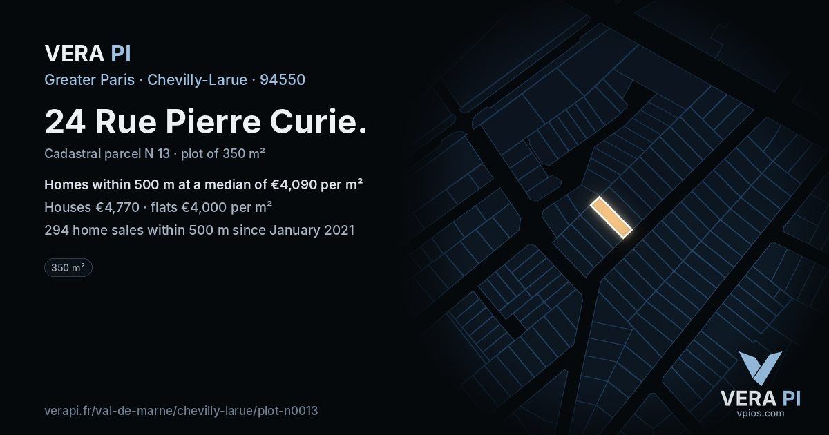 24 Rue Pierre Curie, Chevilly-Larue at night – the plot lit, the parcels around coloured by the prices near them