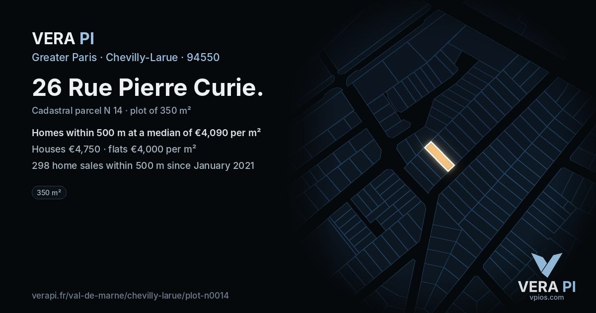 26 Rue Pierre Curie, Chevilly-Larue at night – the plot lit, the parcels around coloured by the prices near them