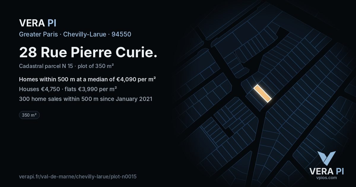 28 Rue Pierre Curie, Chevilly-Larue at night – the plot lit, the parcels around coloured by the prices near them