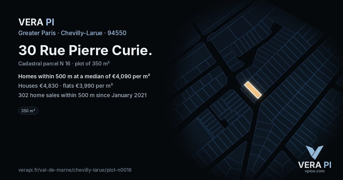 30 Rue Pierre Curie, Chevilly-Larue at night – the plot lit, the parcels around coloured by the prices near them