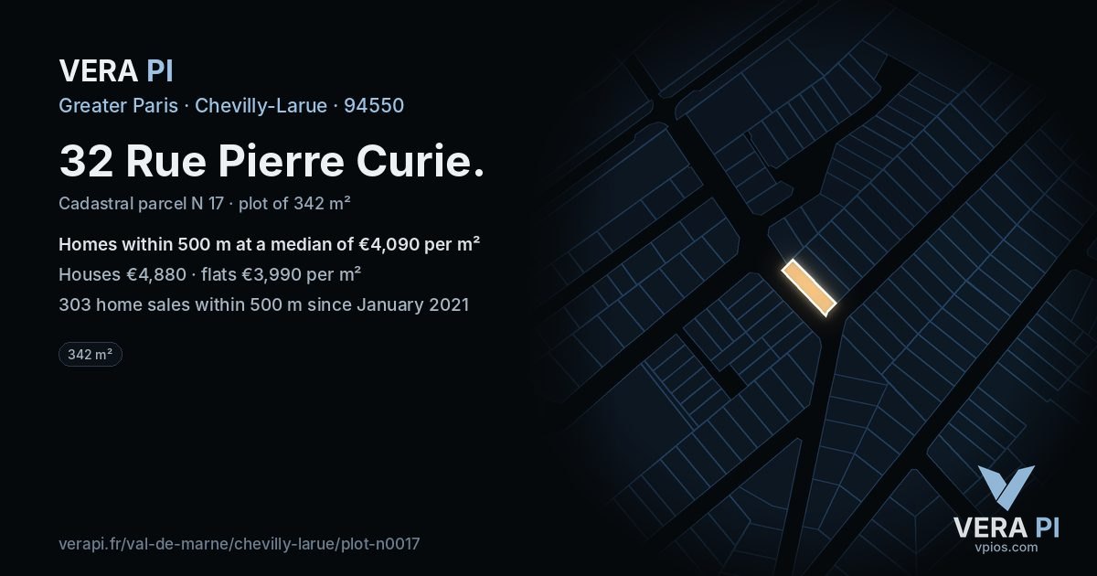 32 Rue Pierre Curie, Chevilly-Larue at night – the plot lit, the parcels around coloured by the prices near them