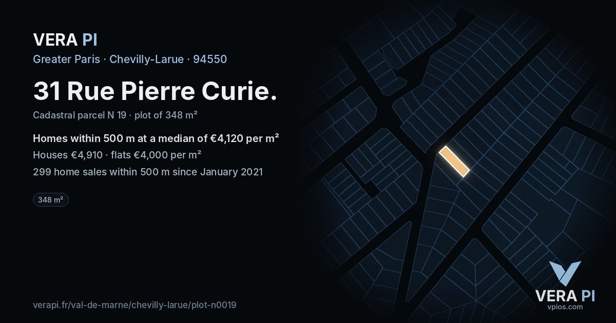 31 Rue Pierre Curie, Chevilly-Larue at night – the plot lit, the parcels around coloured by the prices near them