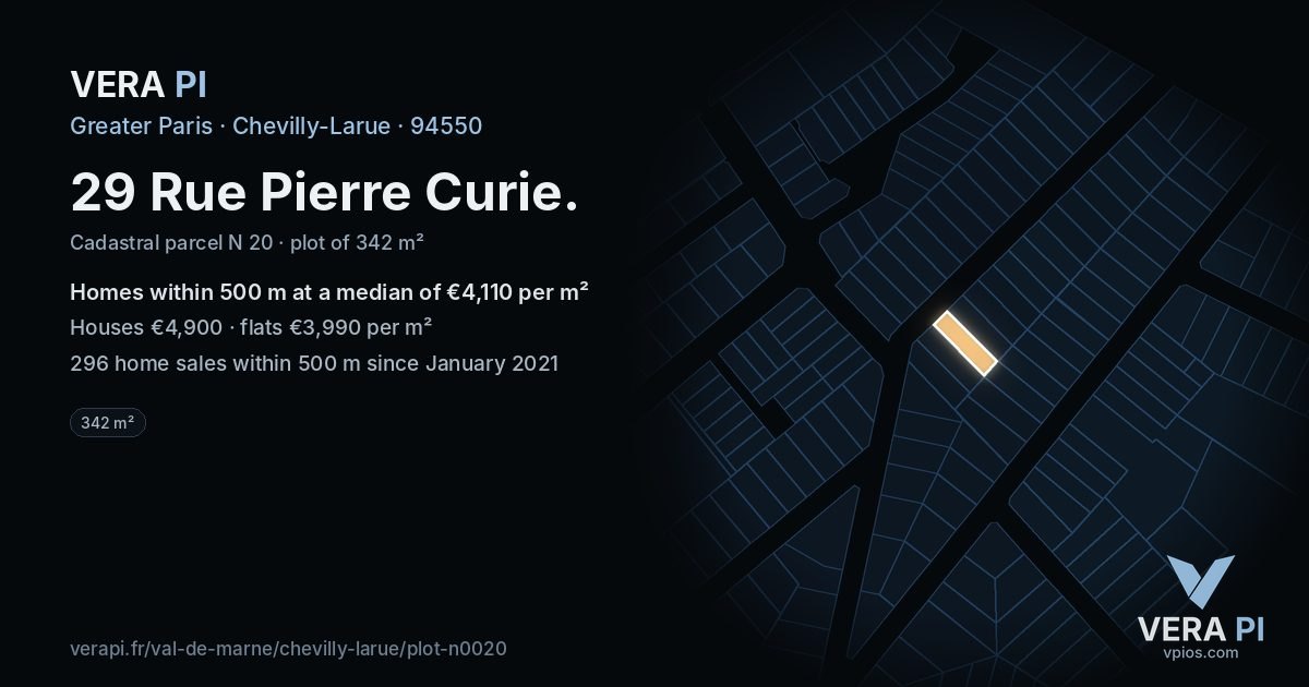 29 Rue Pierre Curie, Chevilly-Larue at night – the plot lit, the parcels around coloured by the prices near them