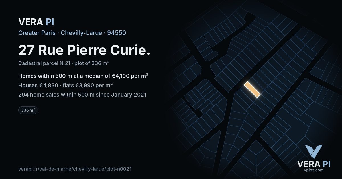 27 Rue Pierre Curie, Chevilly-Larue at night – the plot lit, the parcels around coloured by the prices near them