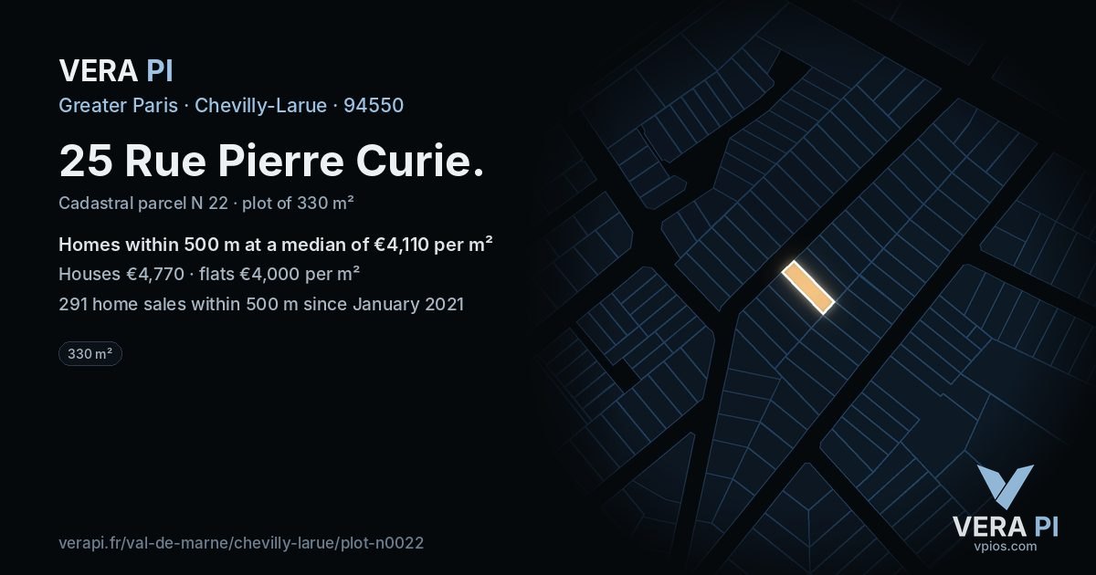 25 Rue Pierre Curie, Chevilly-Larue at night – the plot lit, the parcels around coloured by the prices near them