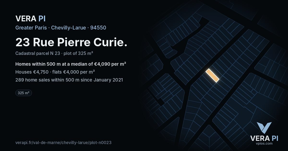 23 Rue Pierre Curie, Chevilly-Larue at night – the plot lit, the parcels around coloured by the prices near them