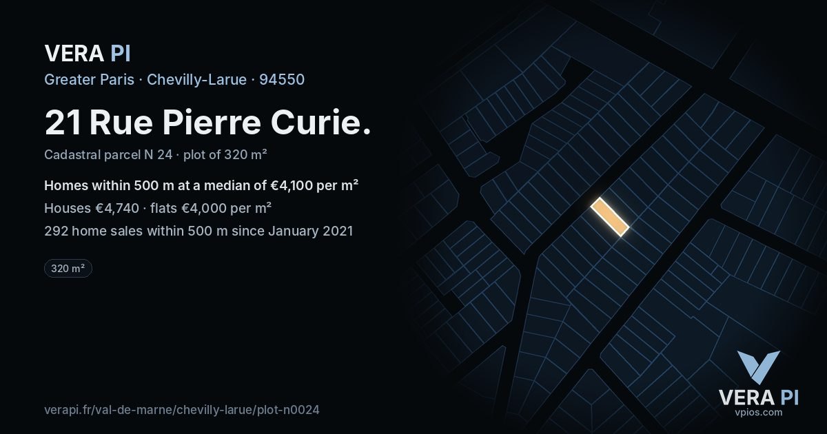 21 Rue Pierre Curie, Chevilly-Larue at night – the plot lit, the parcels around coloured by the prices near them