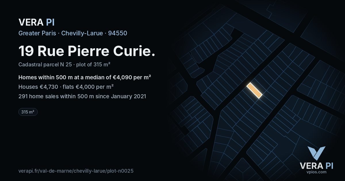 19 Rue Pierre Curie, Chevilly-Larue at night – the plot lit, the parcels around coloured by the prices near them