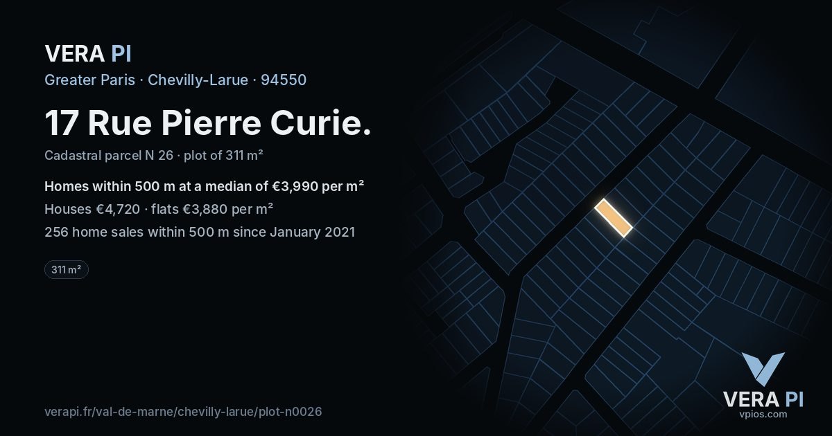 17 Rue Pierre Curie, Chevilly-Larue at night – the plot lit, the parcels around coloured by the prices near them