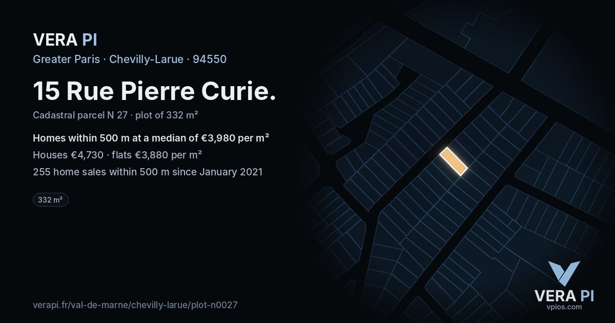 15 Rue Pierre Curie, Chevilly-Larue at night – the plot lit, the parcels around coloured by the prices near them