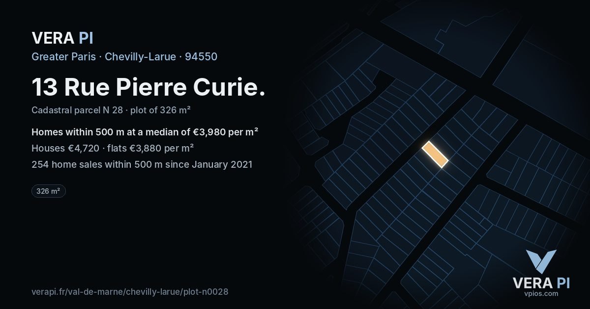 13 Rue Pierre Curie, Chevilly-Larue at night – the plot lit, the parcels around coloured by the prices near them