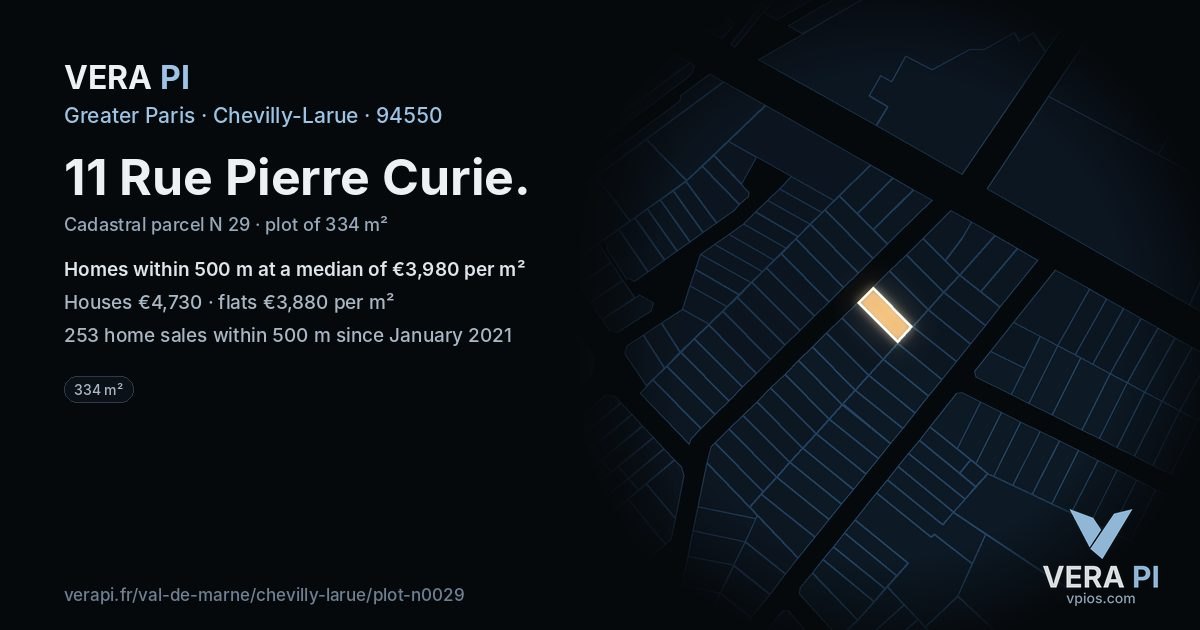 11 Rue Pierre Curie, Chevilly-Larue at night – the plot lit, the parcels around coloured by the prices near them