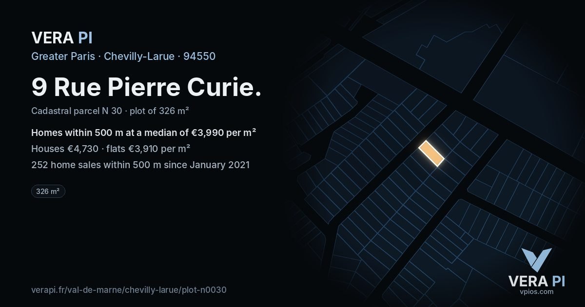 9 Rue Pierre Curie, Chevilly-Larue at night – the plot lit, the parcels around coloured by the prices near them