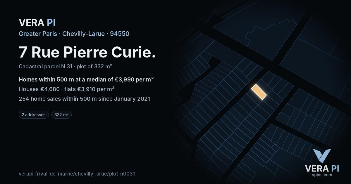 7 Rue Pierre Curie, Chevilly-Larue at night – the plot lit, the parcels around coloured by the prices near them