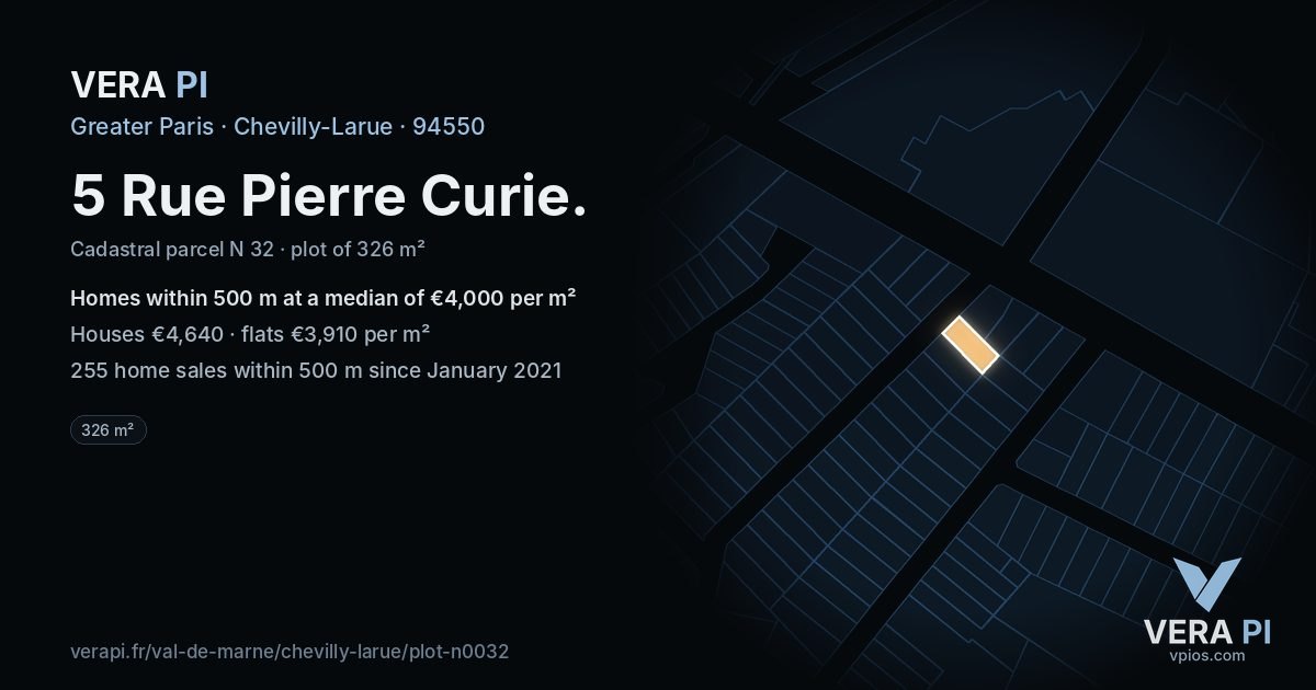 5 Rue Pierre Curie, Chevilly-Larue at night – the plot lit, the parcels around coloured by the prices near them