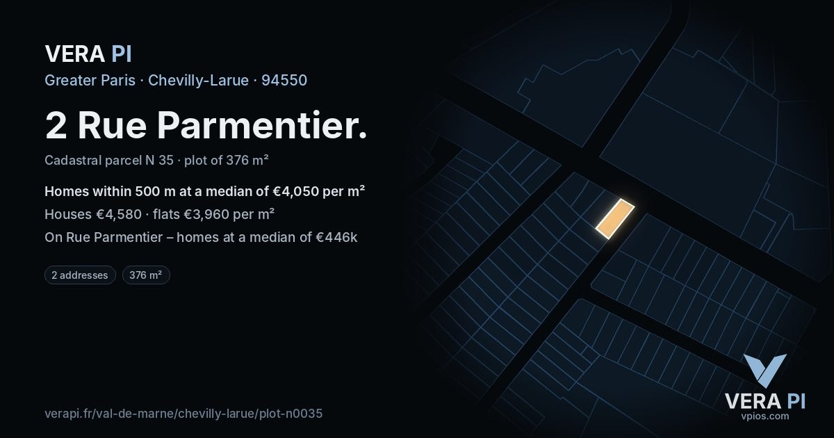 2 Rue Parmentier, Chevilly-Larue at night – the plot lit, the parcels around coloured by the prices near them