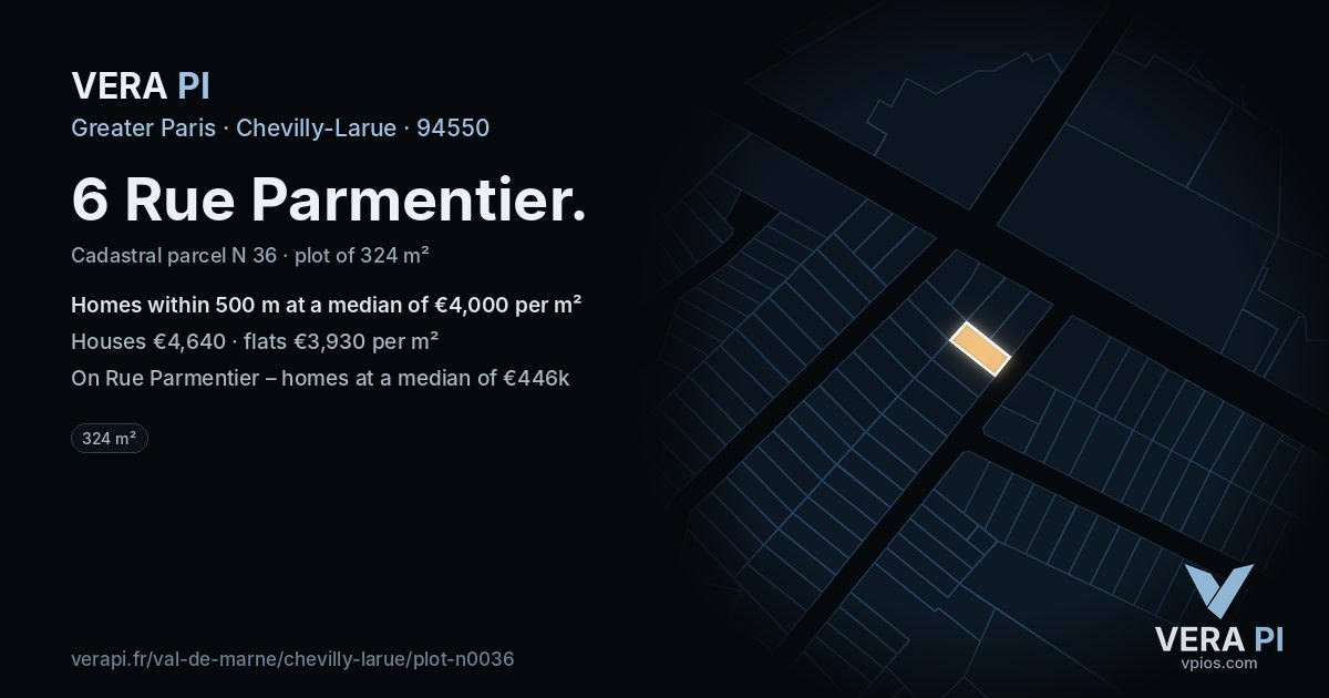 6 Rue Parmentier, Chevilly-Larue at night – the plot lit, the parcels around coloured by the prices near them
