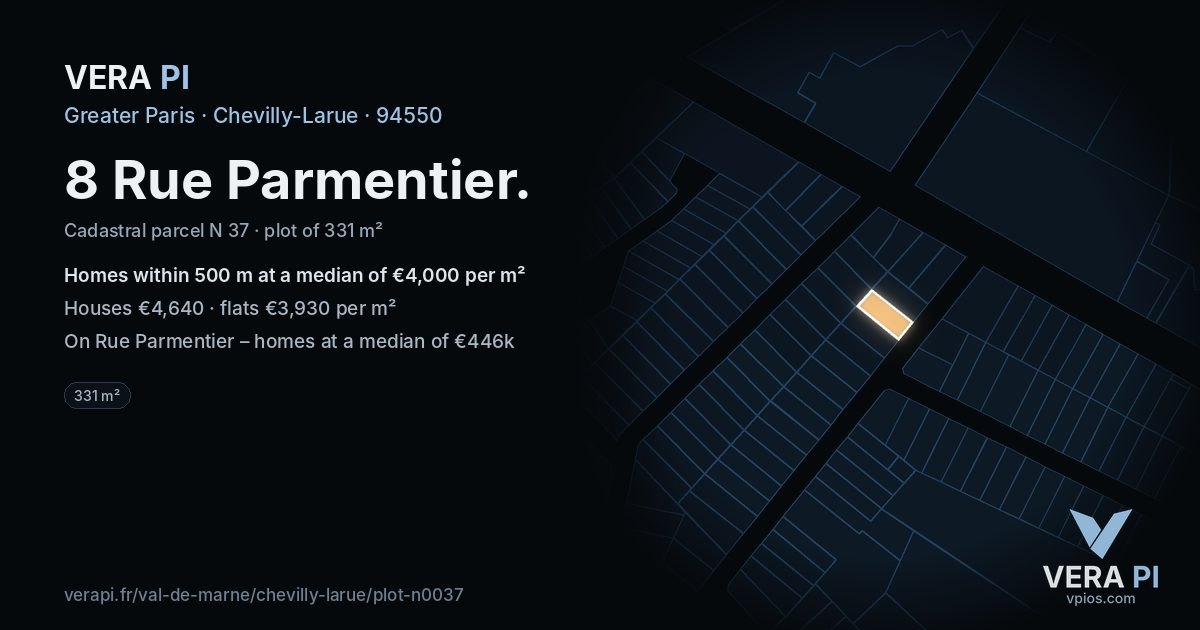 8 Rue Parmentier, Chevilly-Larue at night – the plot lit, the parcels around coloured by the prices near them