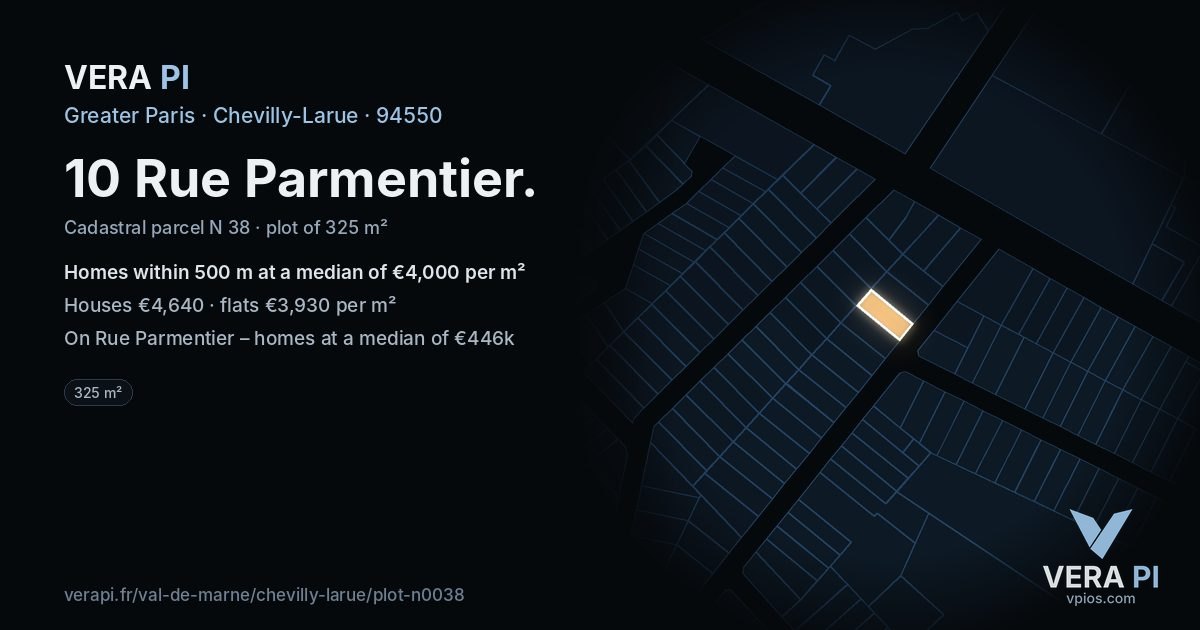 10 Rue Parmentier, Chevilly-Larue at night – the plot lit, the parcels around coloured by the prices near them