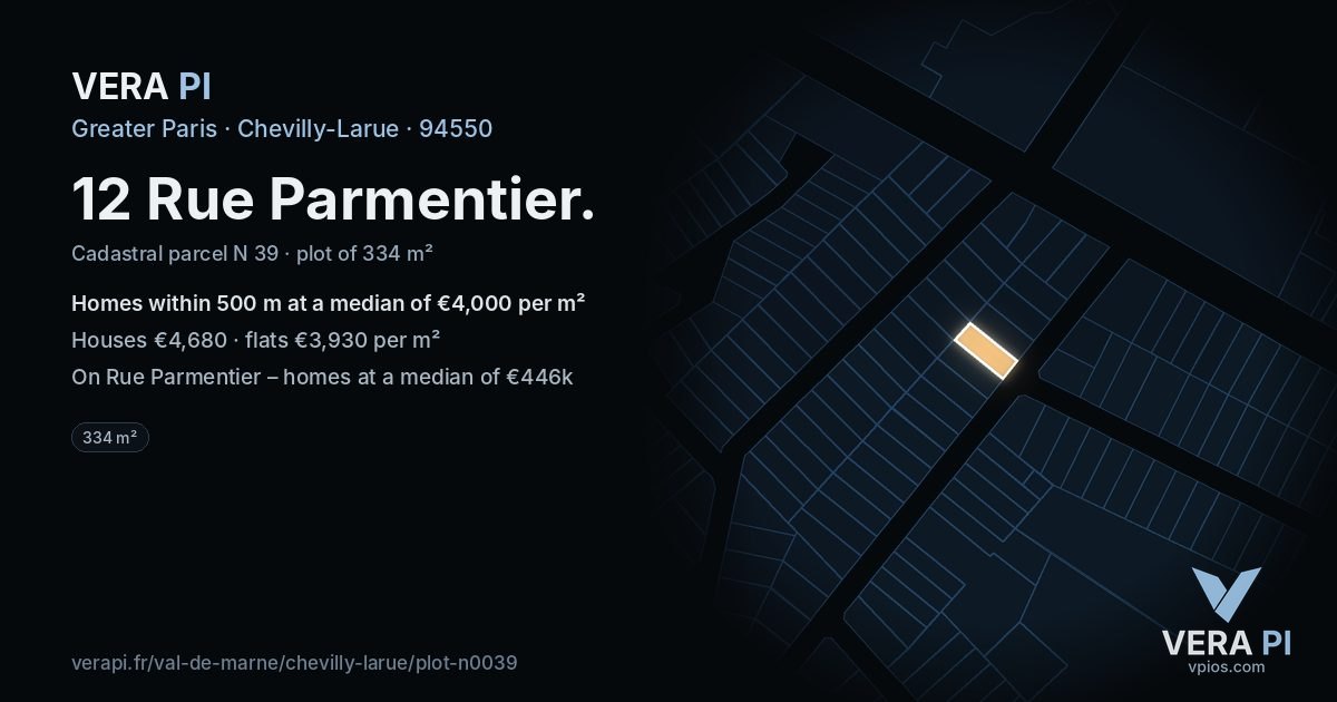 12 Rue Parmentier, Chevilly-Larue at night – the plot lit, the parcels around coloured by the prices near them