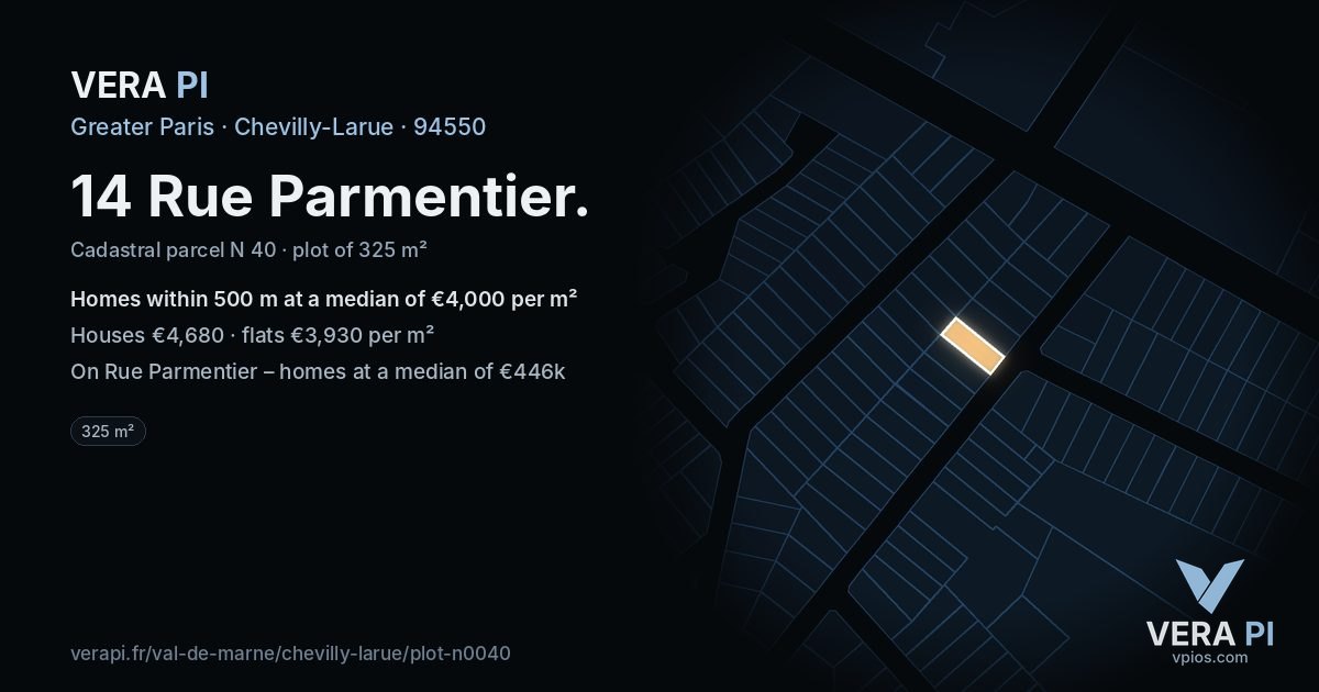 14 Rue Parmentier, Chevilly-Larue at night – the plot lit, the parcels around coloured by the prices near them