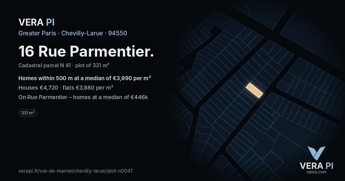 16 Rue Parmentier, Chevilly-Larue at night – the plot lit, the parcels around coloured by the prices near them