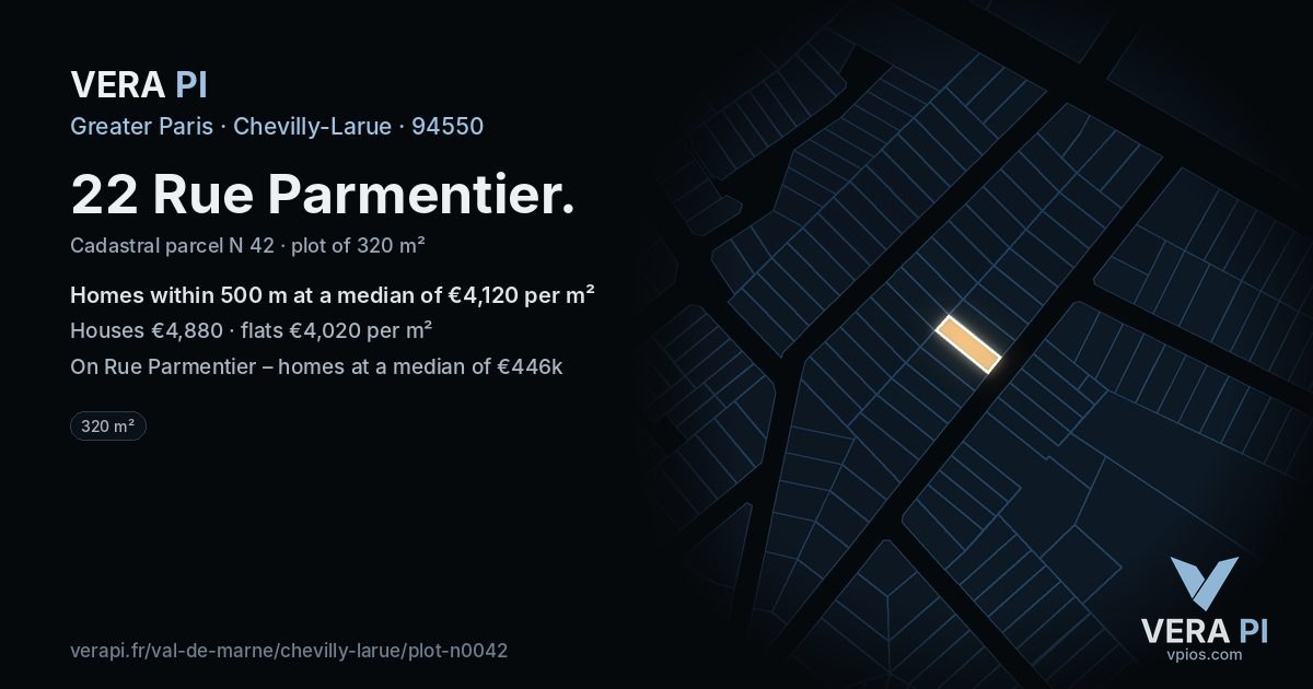 22 Rue Parmentier, Chevilly-Larue at night – the plot lit, the parcels around coloured by the prices near them