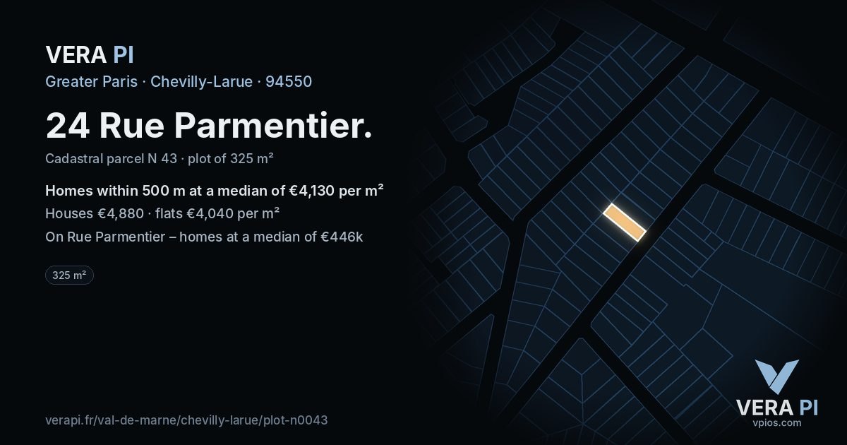 24 Rue Parmentier, Chevilly-Larue at night – the plot lit, the parcels around coloured by the prices near them