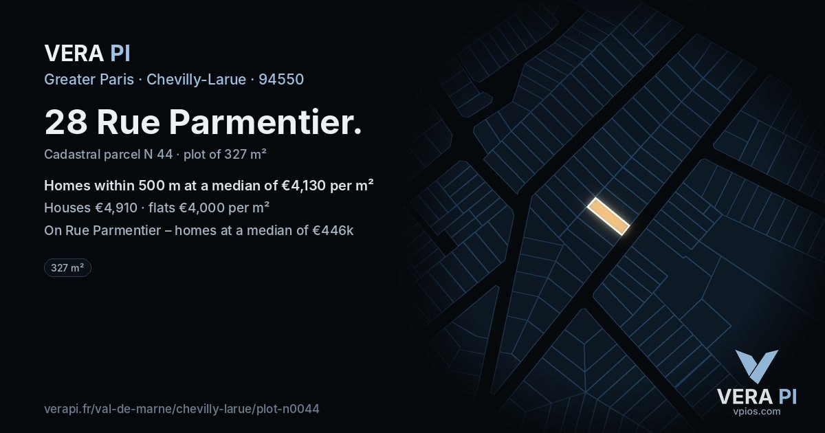 28 Rue Parmentier, Chevilly-Larue at night – the plot lit, the parcels around coloured by the prices near them