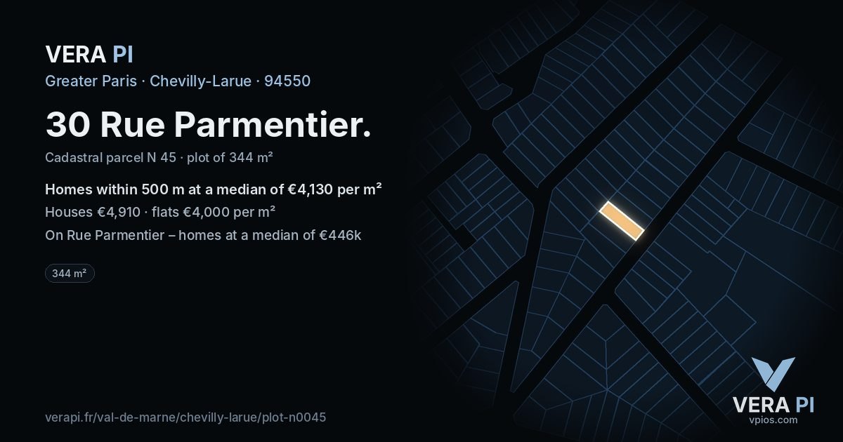 30 Rue Parmentier, Chevilly-Larue at night – the plot lit, the parcels around coloured by the prices near them